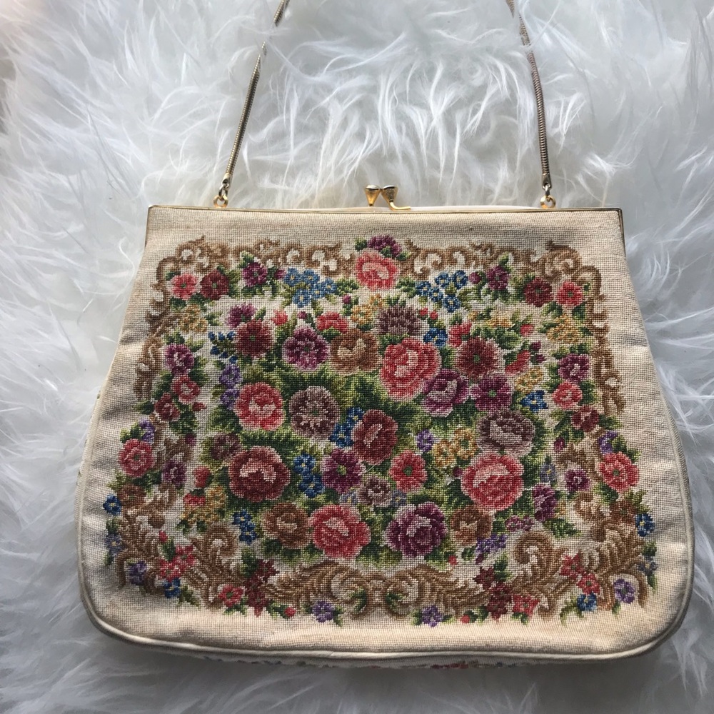 Vintage Floral Needlepoint Handbag